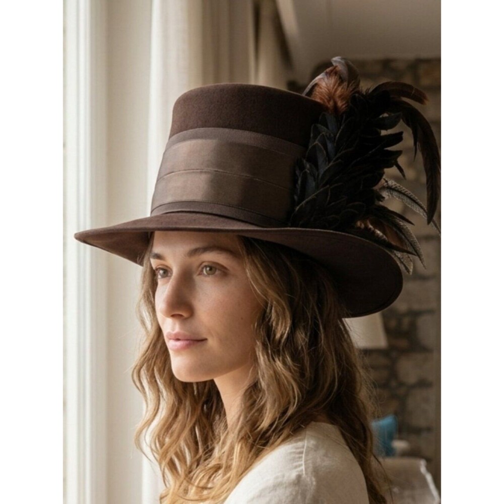 Maison Michel Paris Brown Felt Feathered Women's Hat